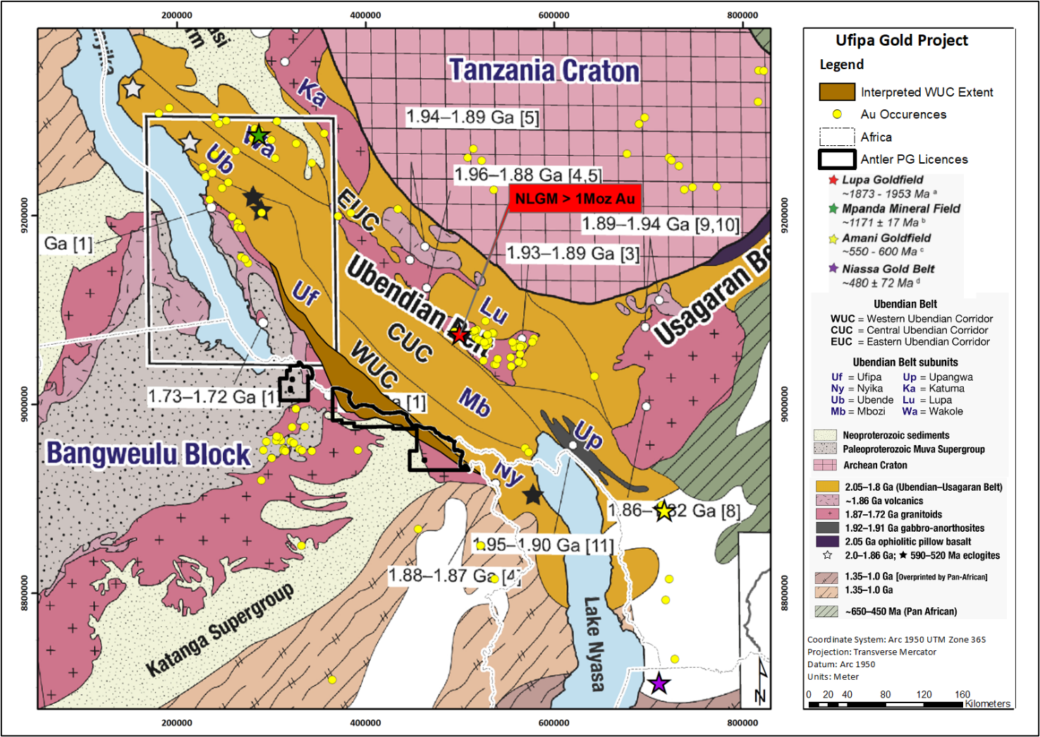 Figure 2: Regional geological map showing the Precambrian regional context of the Ubendian Belt between the Tanzania Craton and the Bangweulu Block (Map modified from Ganbat et al 2021).